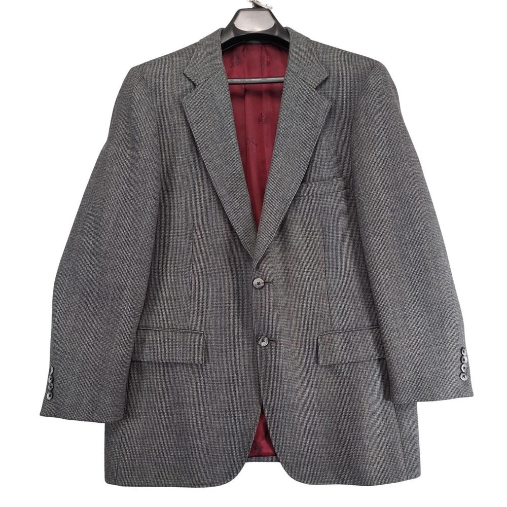 Vintage Tom James Gray Tweed Sport Coat Mens 48R Windowpane USA Union Made 1980s